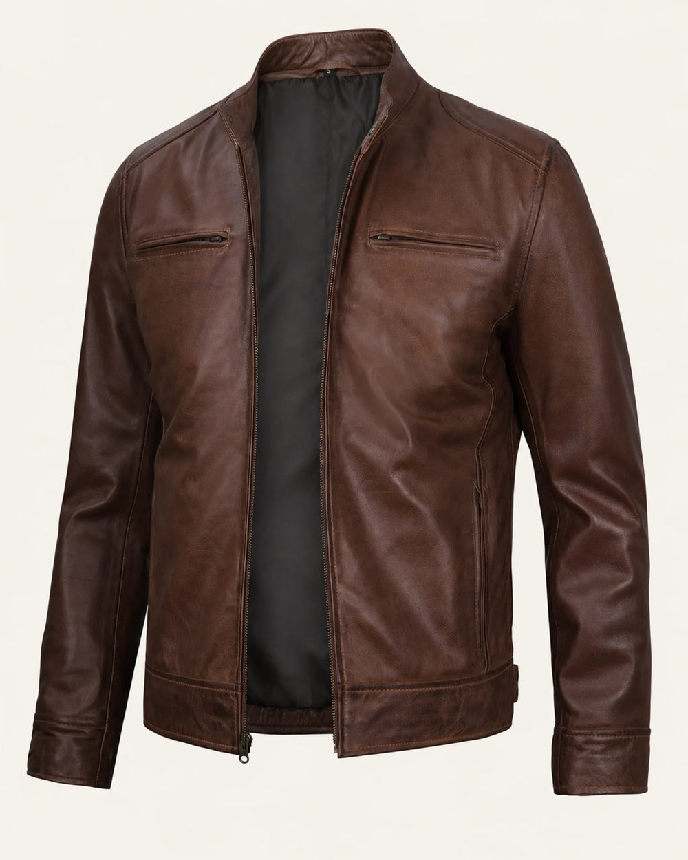Heritage Men's Cognac Waxed Biker-Style Leather Jacket