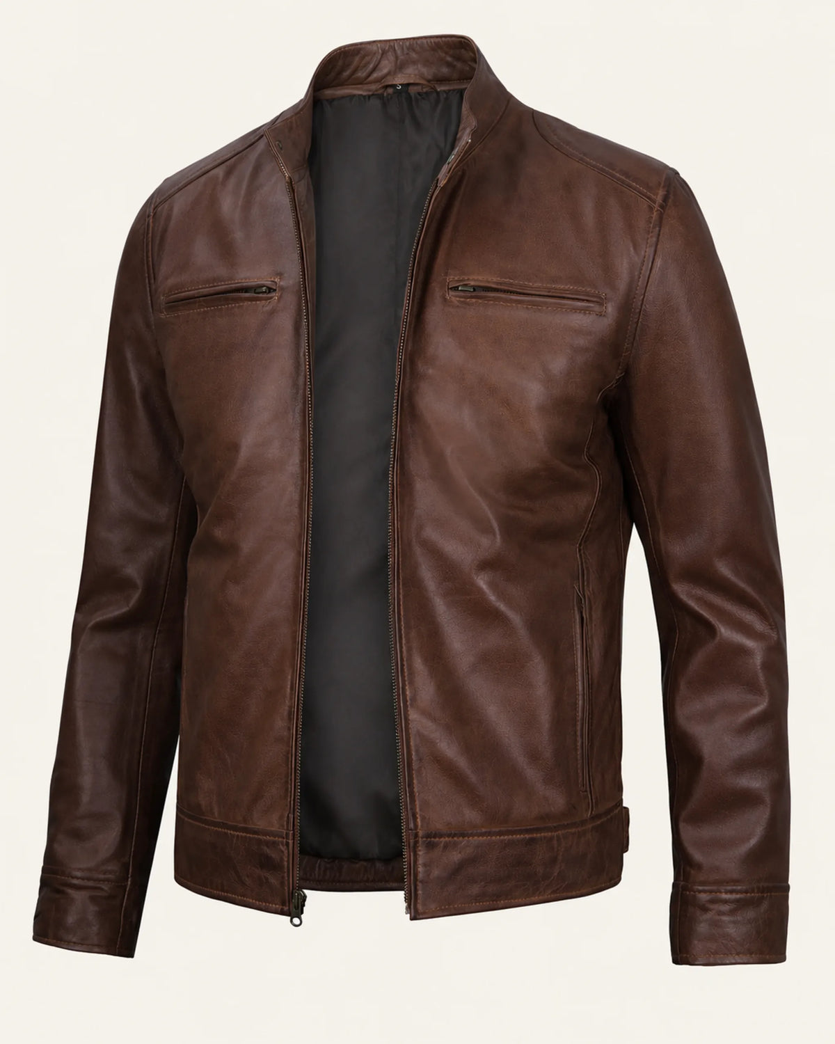 Heritage Men's Cognac Waxed Biker-Style Leather Jacket