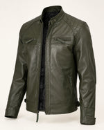 Premium Men's Olive Green Quilted Shoulder Biker Leather Jacket