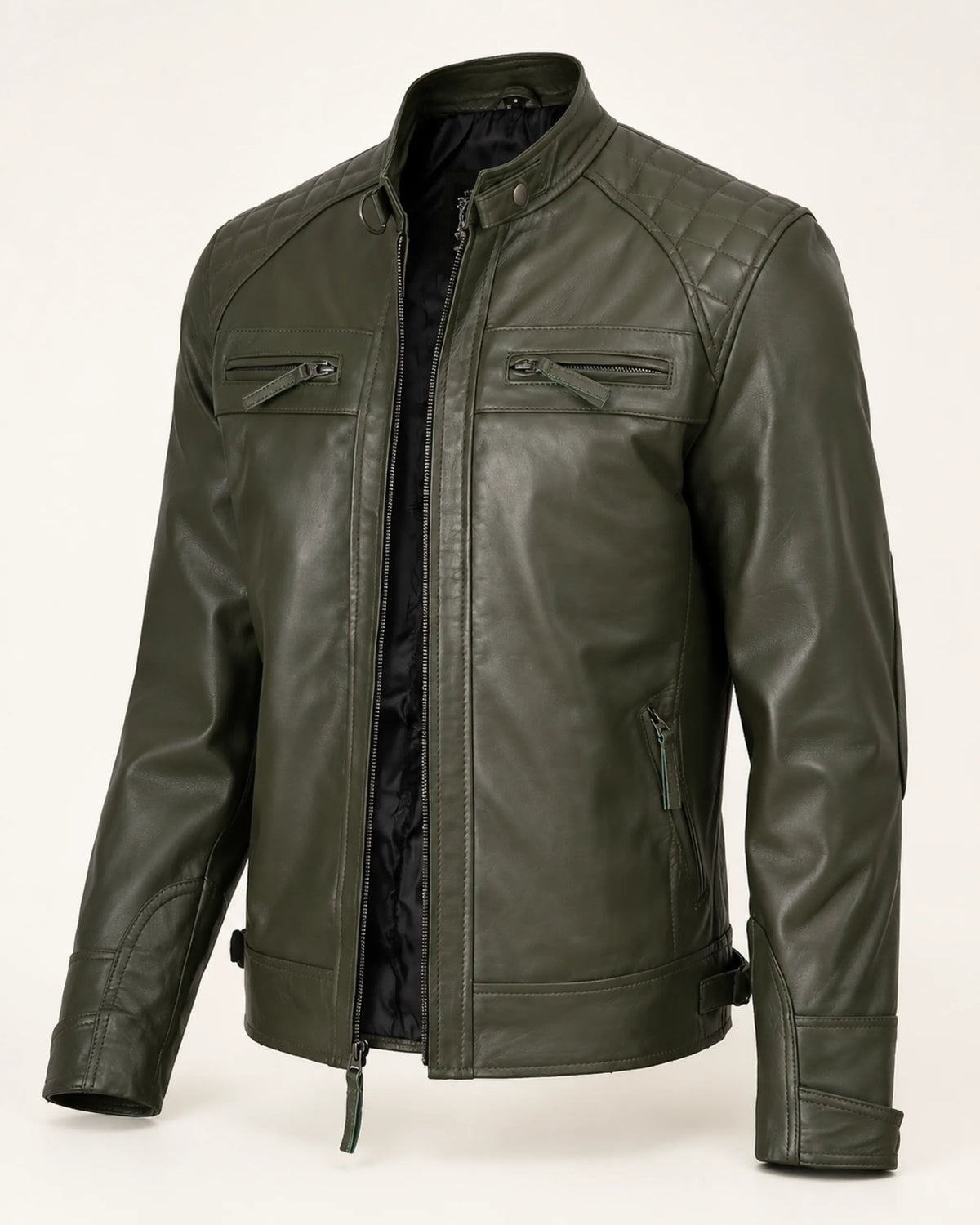 Premium Men's Olive Green Quilted Shoulder Biker Leather Jacket