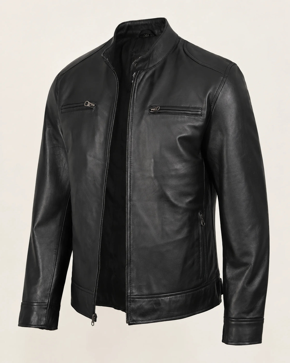 Classic Men's Black Leather Cafe Racer Biker Jacket