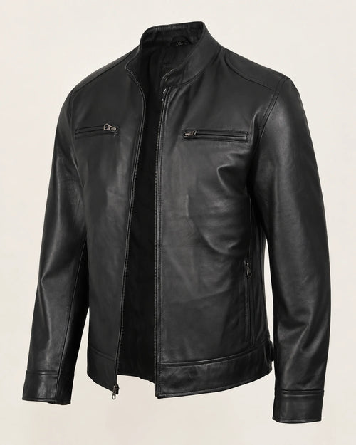Classic Men's Black Leather Cafe Racer Biker Jacket