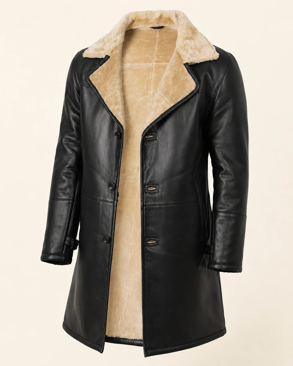 Modern Men's Black Real Leather 3/4-Length Shearling Coat