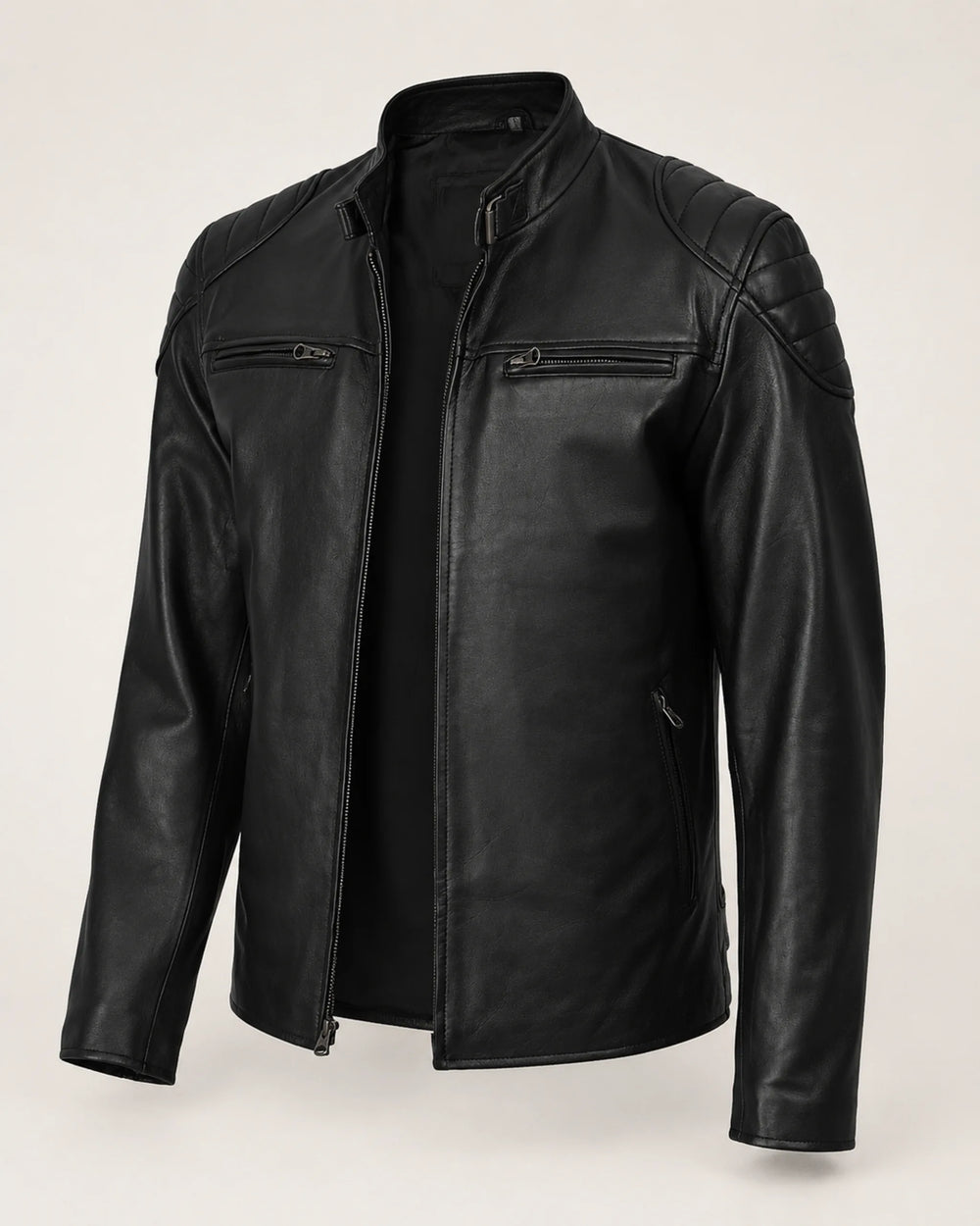 Classic Men's Black Real Leather Biker Jacket with Padded Shoulders
