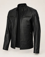 Classic Men's Black Real Leather Biker Jacket with Padded Shoulders