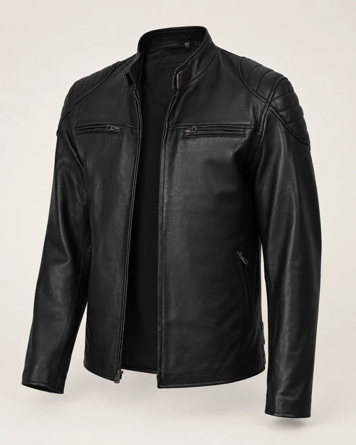 Classic Men's Black Real Leather Biker Jacket with Padded Shoulders