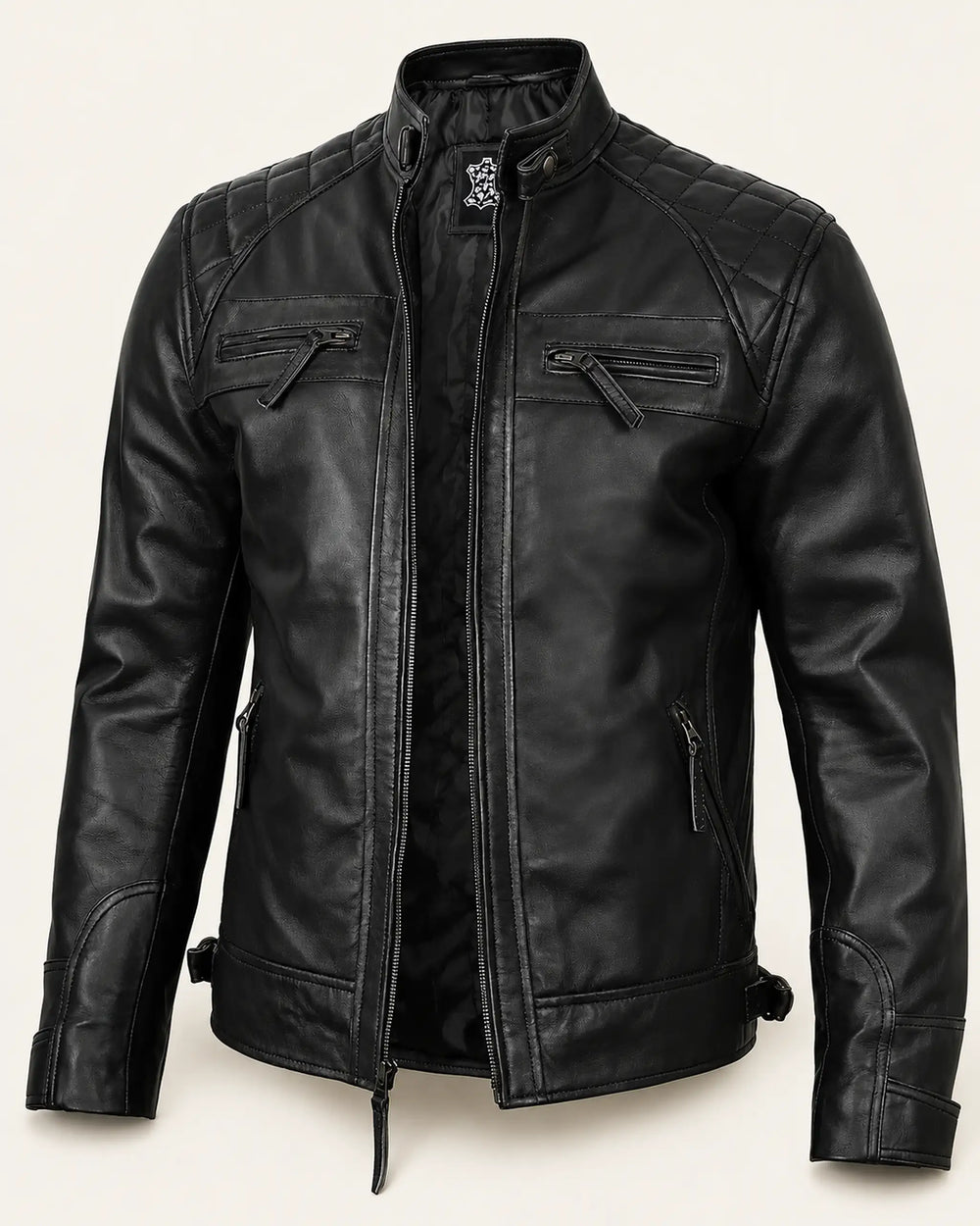 Heritage Men's Black Leather Biker Jacket with Quilted Shoulders