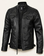 Heritage Men's Black Leather Biker Jacket with Quilted Shoulders