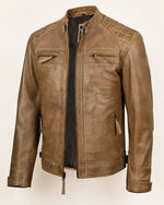 Elite Men’s Camel Brown Real Leather Biker Jacket with Quilted Shoulders