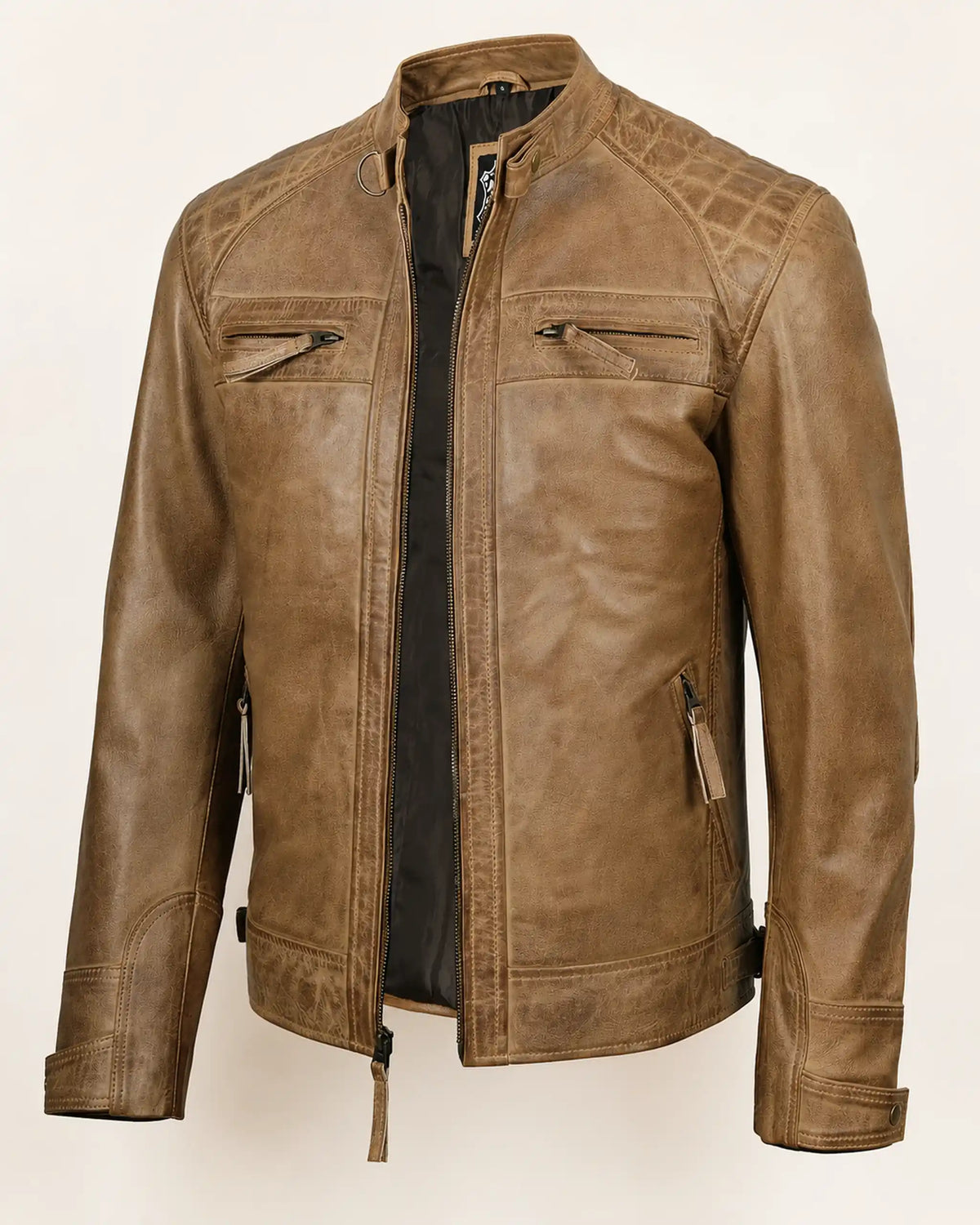 Elite Men’s Camel Brown Real Leather Biker Jacket with Quilted Shoulders