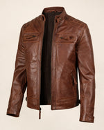 Refined Men's Cognac Café Racer Leather Jacket with Quilted Shoulders
