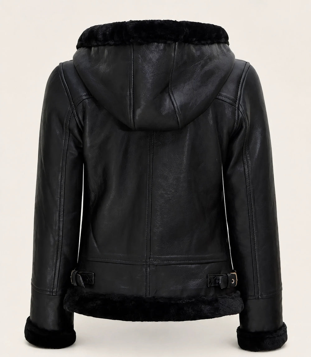 Women’s Black Hooded Leather Jacket with Faux Fur Trim