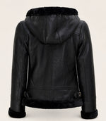 Women’s Black Hooded Leather Jacket with Faux Fur Trim