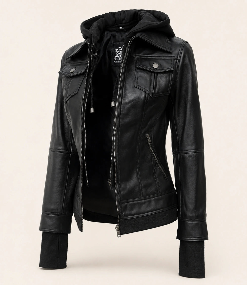 Women's Black Hooded Leather Jacket — Removable Hood
