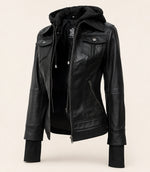 Women's Black Hooded Leather Jacket — Removable Hood
