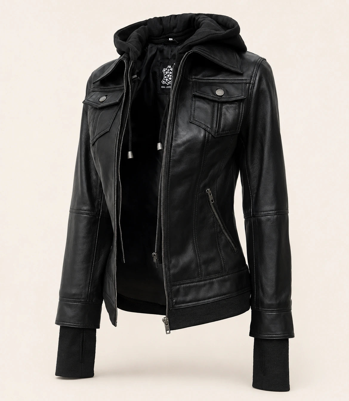 Women's Black Hooded Leather Jacket — Removable Hood