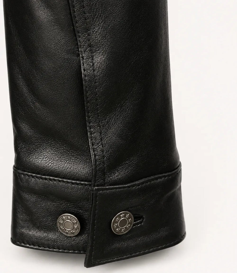 Men’s Black Leather Trucker Jacket with Shirt Collar