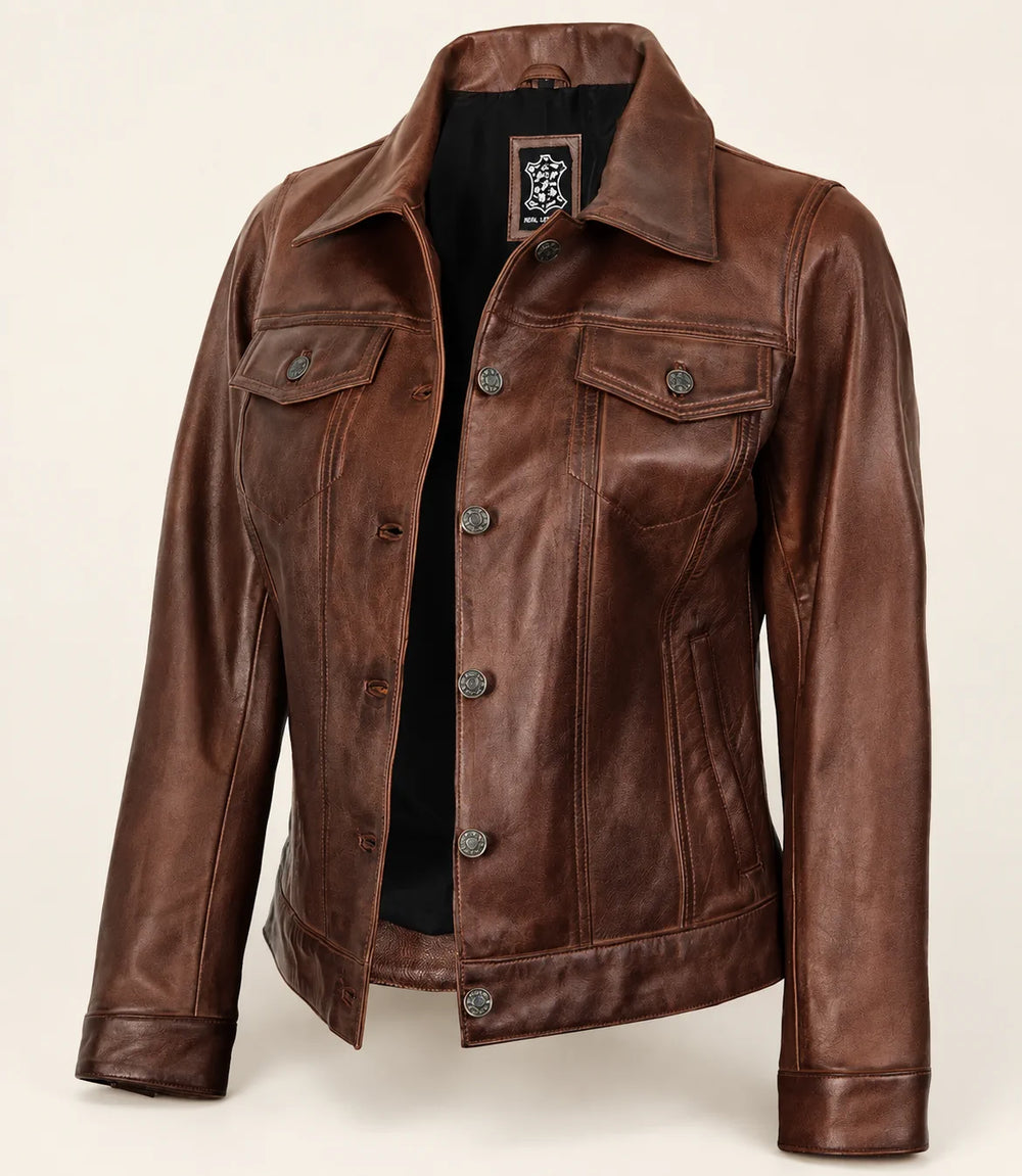 Women's Cognac Brown Trucker Leather Jacket