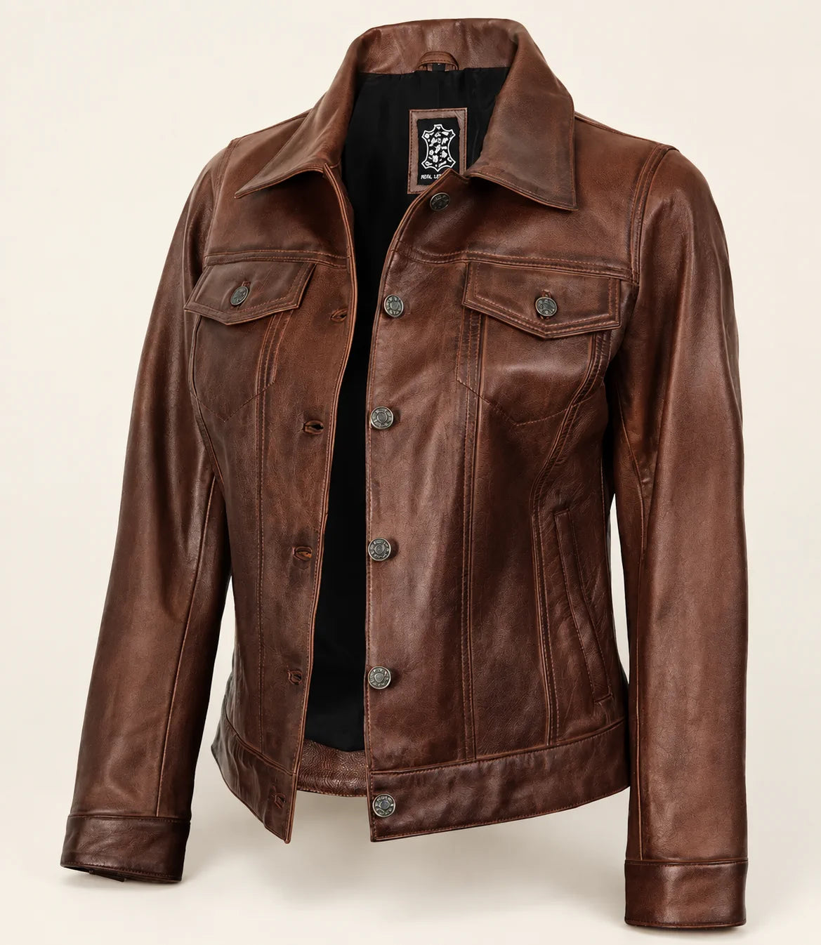 Women's Cognac Brown Trucker Leather Jacket