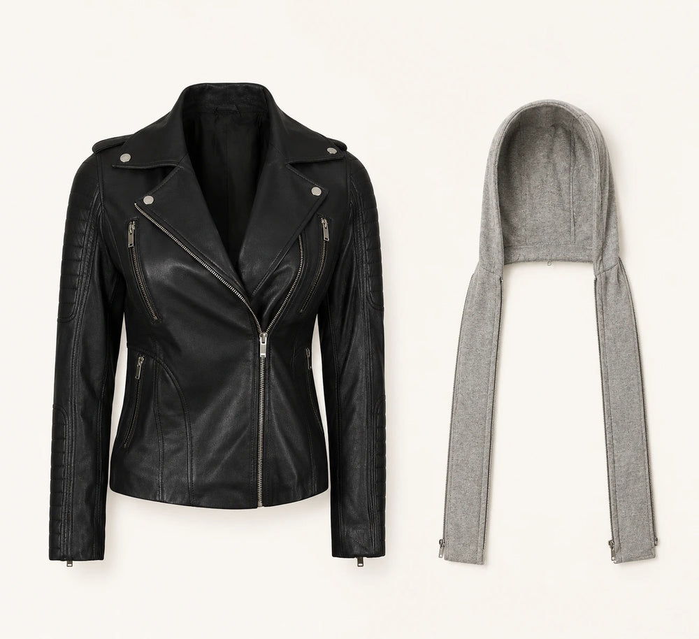 Women's Black Biker Real Leather Jacket — Removable Hood