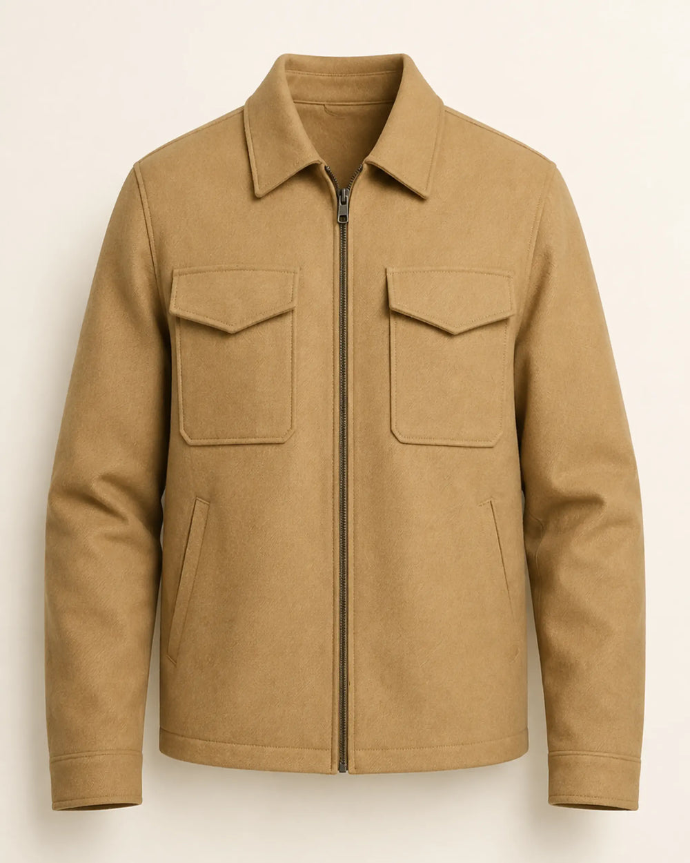 Premium Men's Camel Brown Wool-Blend Trucker Zipper Jacket