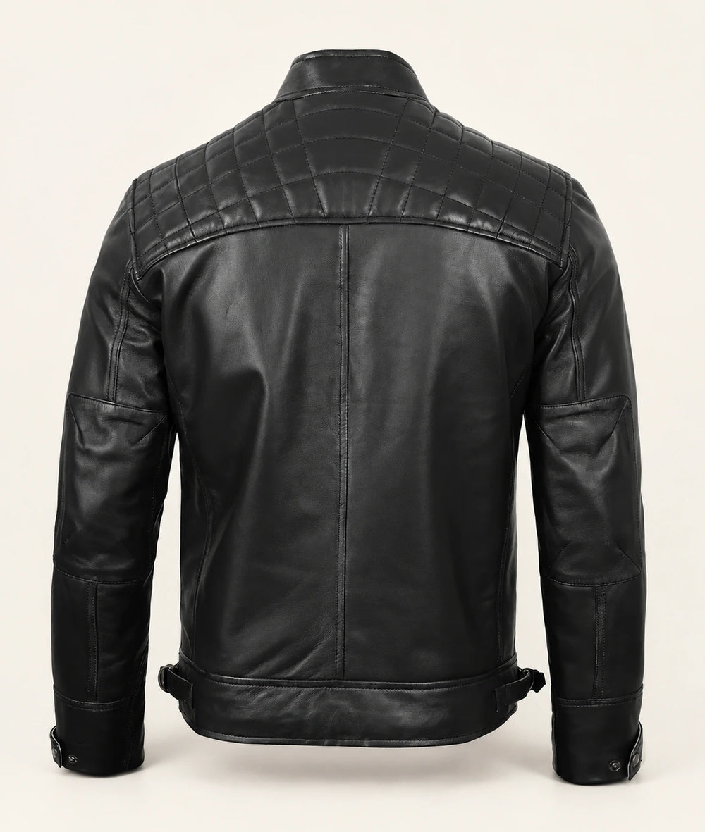 The Royal Men’s Black Lambskin Leather Biker Jacket with Quilted Shoulders