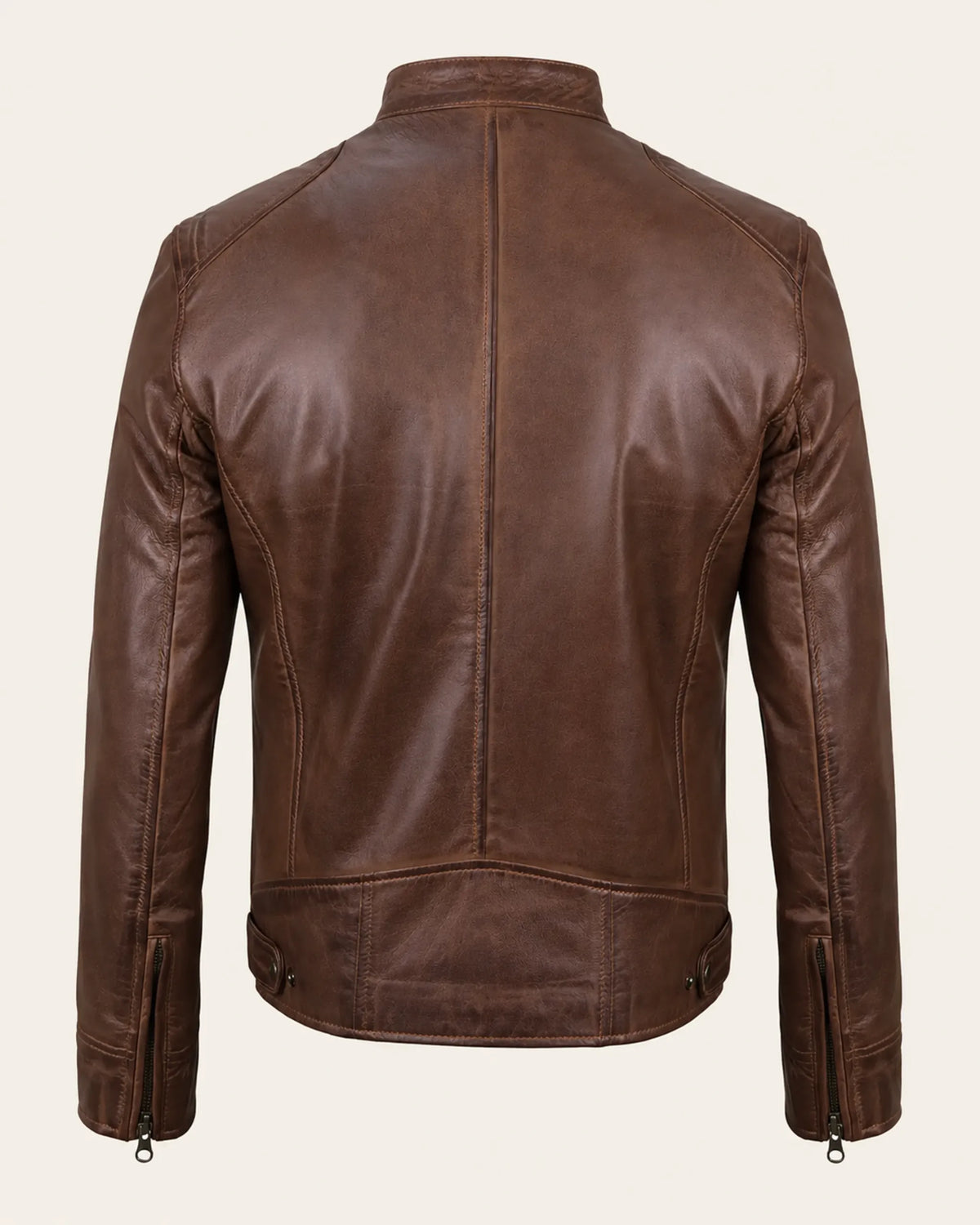 Heritage Men's Cognac Waxed Biker-Style Leather Jacket