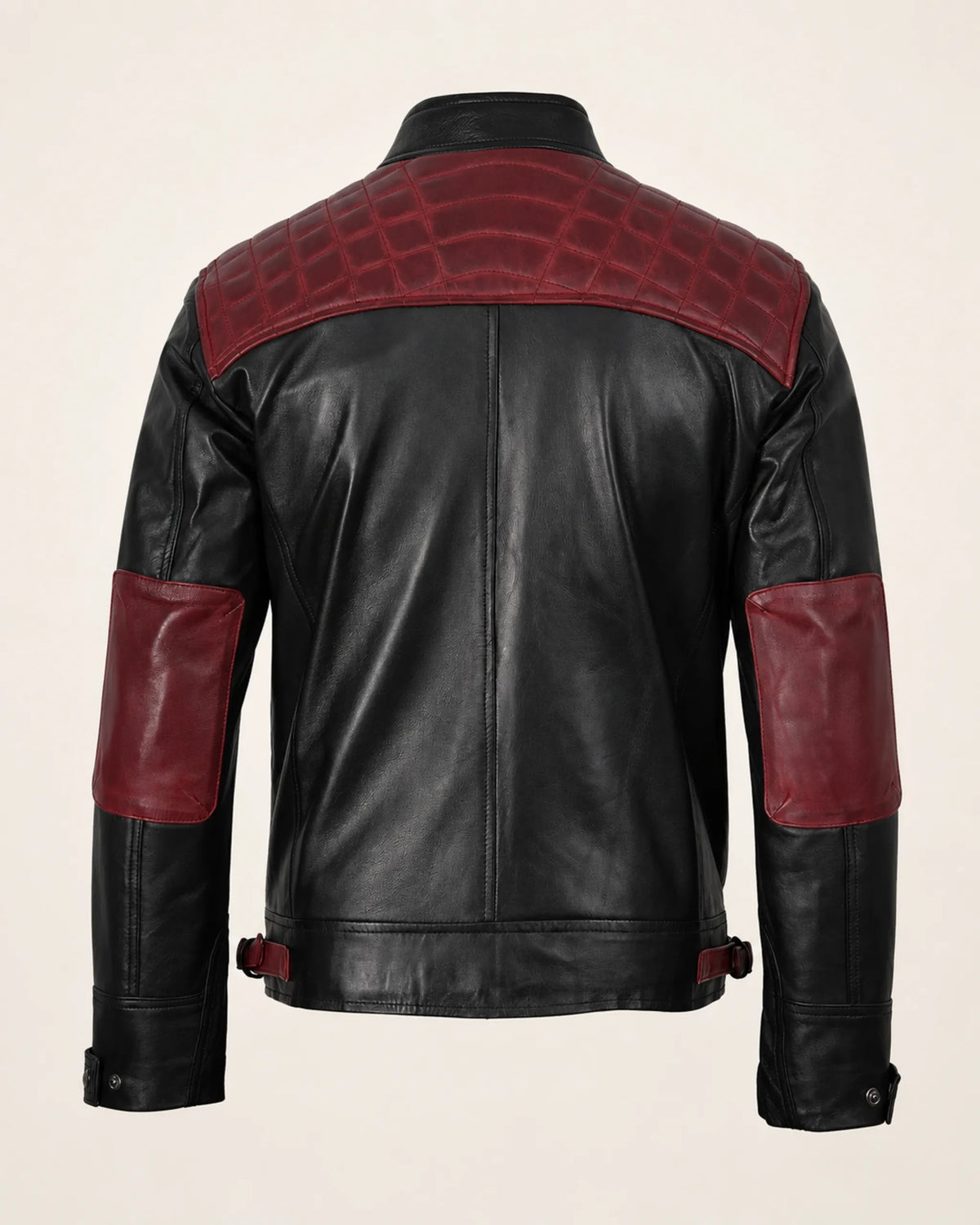 Elite Men's Black & Maroon Quilted Leather Biker Jacket