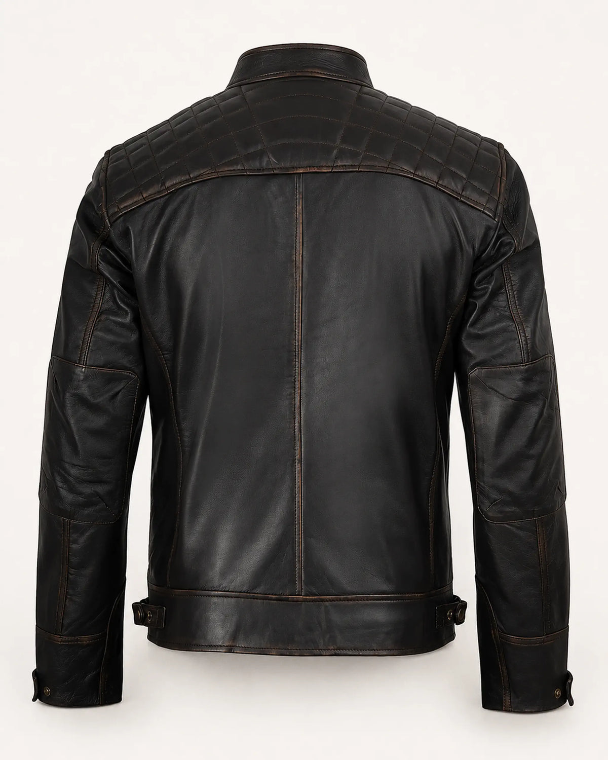 Premium Men's Dark Brown Biker Leather Jacket with Quilted Shoulders