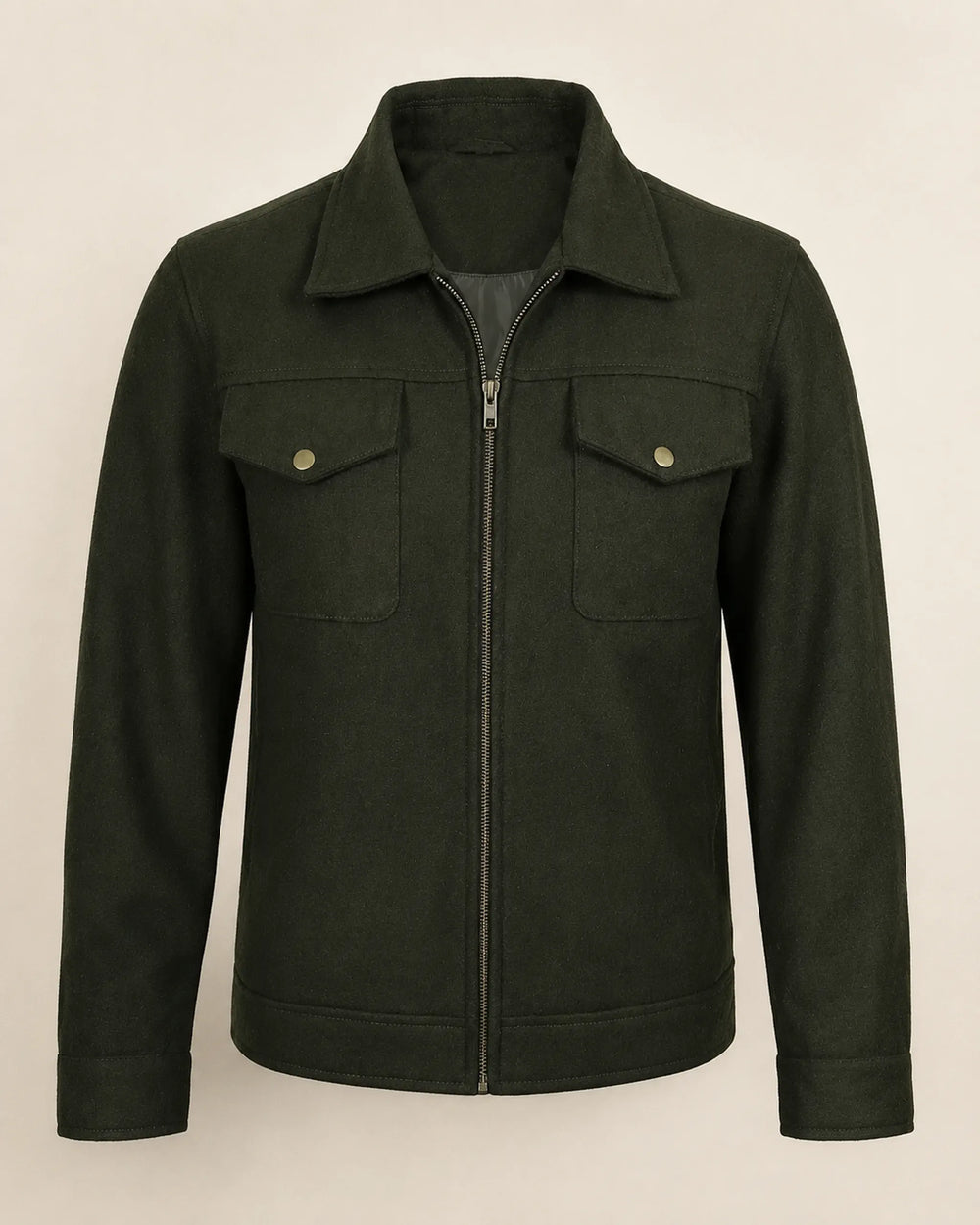 Premium Men's Olive Green Wool Utility Jacket with Zip Closure