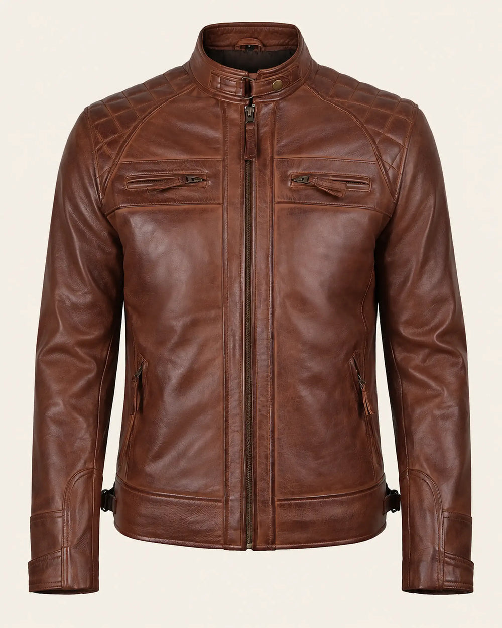 Refined Men's Cognac Café Racer Leather Jacket with Quilted Shoulders