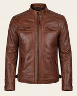 Refined Men's Cognac Café Racer Leather Jacket with Quilted Shoulders