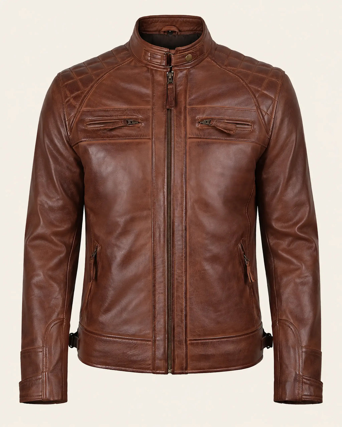 Refined Men's Cognac Café Racer Leather Jacket with Quilted Shoulders