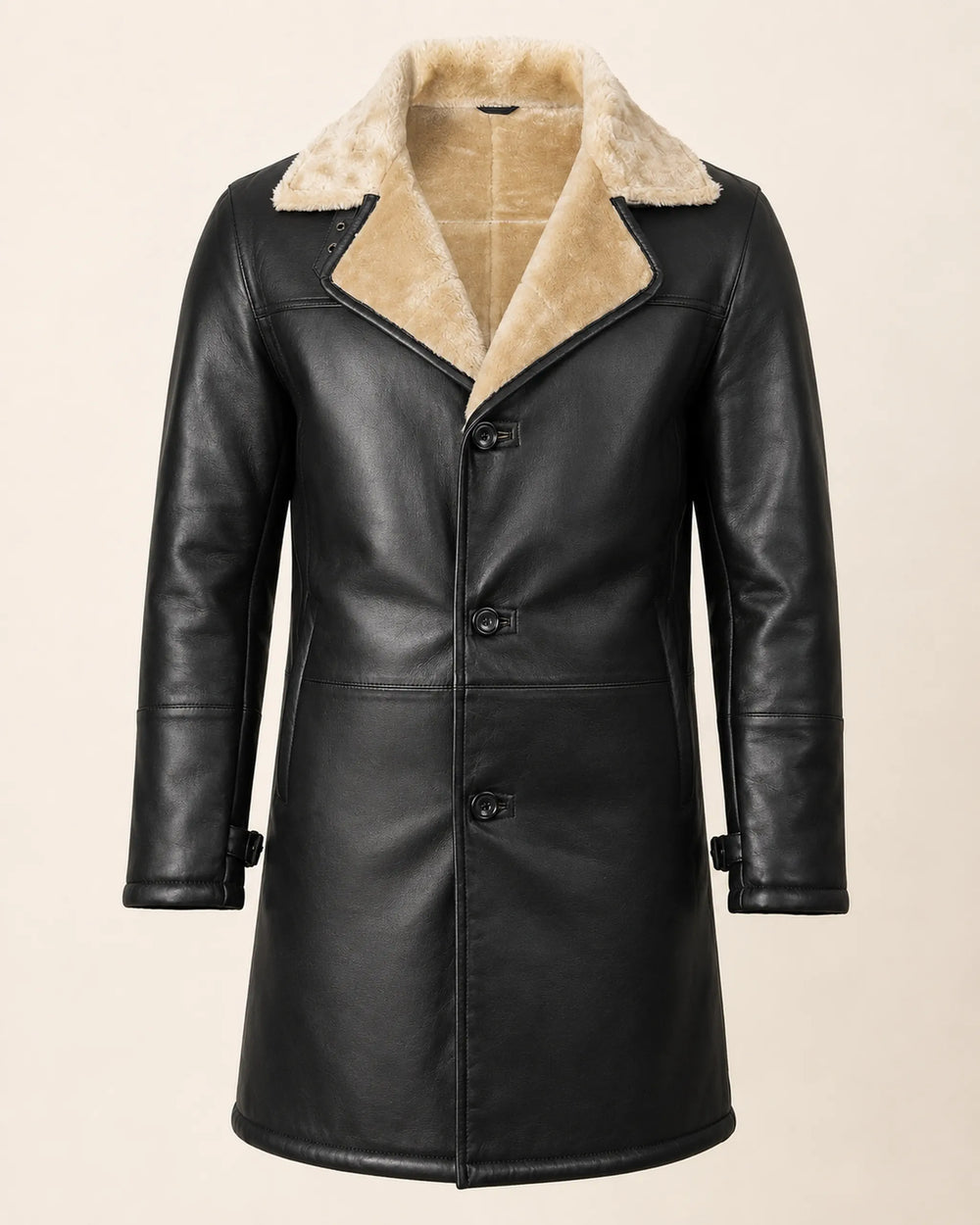Modern Men's Black Real Leather 3/4-Length Shearling Coat