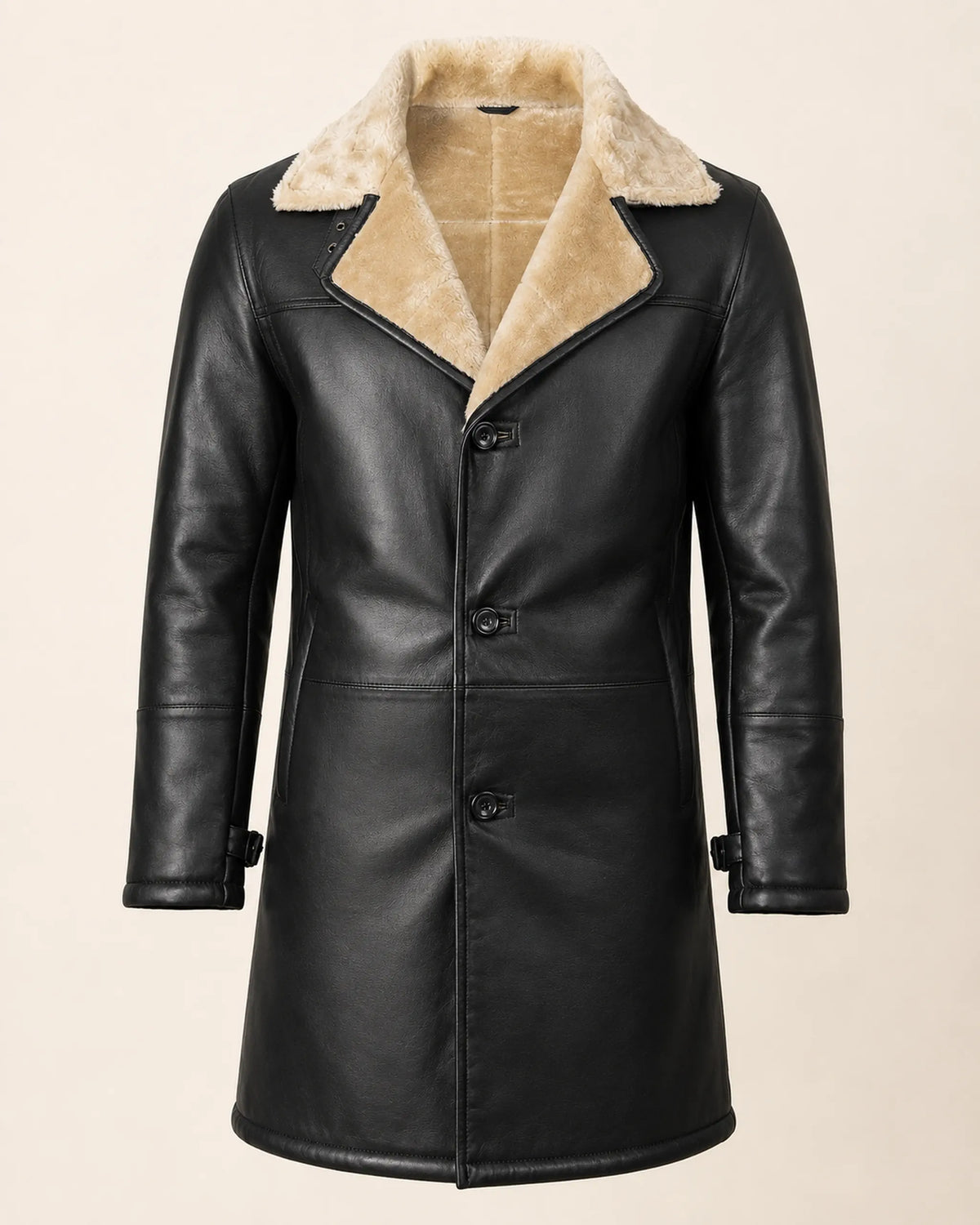 Modern Men's Black Real Leather 3/4-Length Shearling Coat