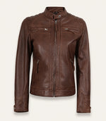 The Royal Women’s Cognac Lambskin Leather Biker Jacket with Quilted Shoulders