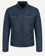 Luxury Men's Washed Blue Biker Leather Jacket with Zip Cuffs