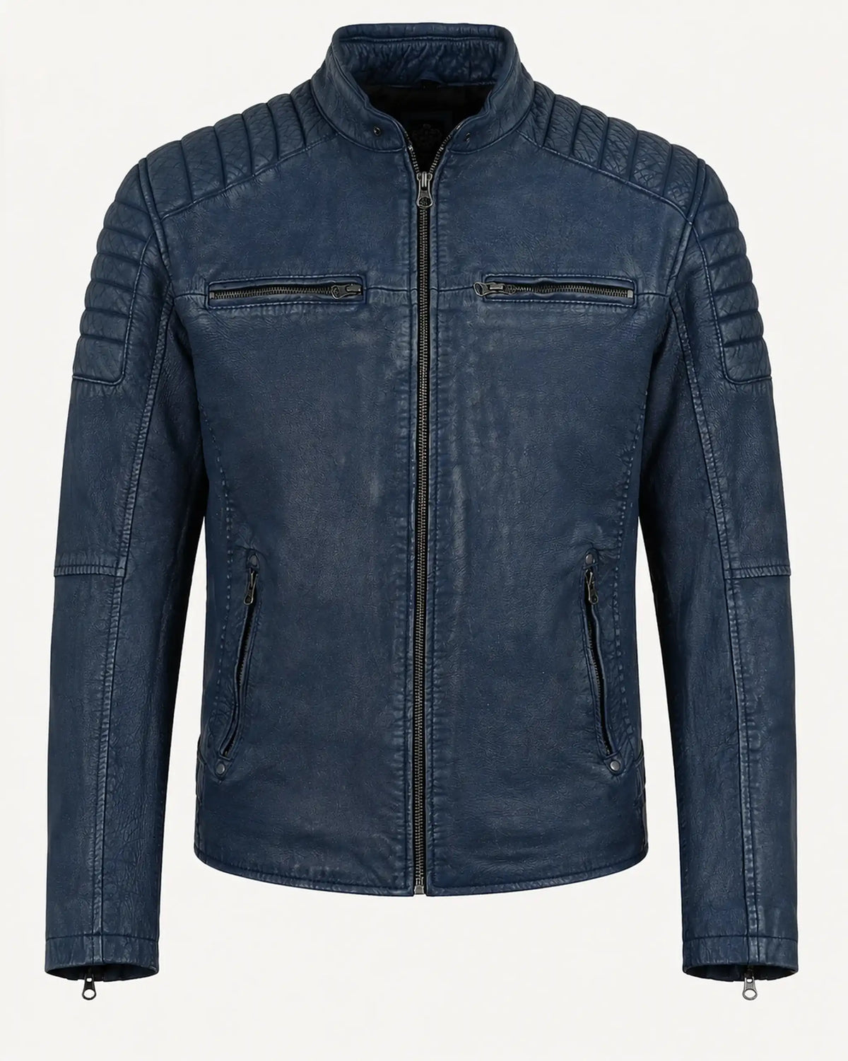 Luxury Men's Washed Blue Biker Leather Jacket with Zip Cuffs