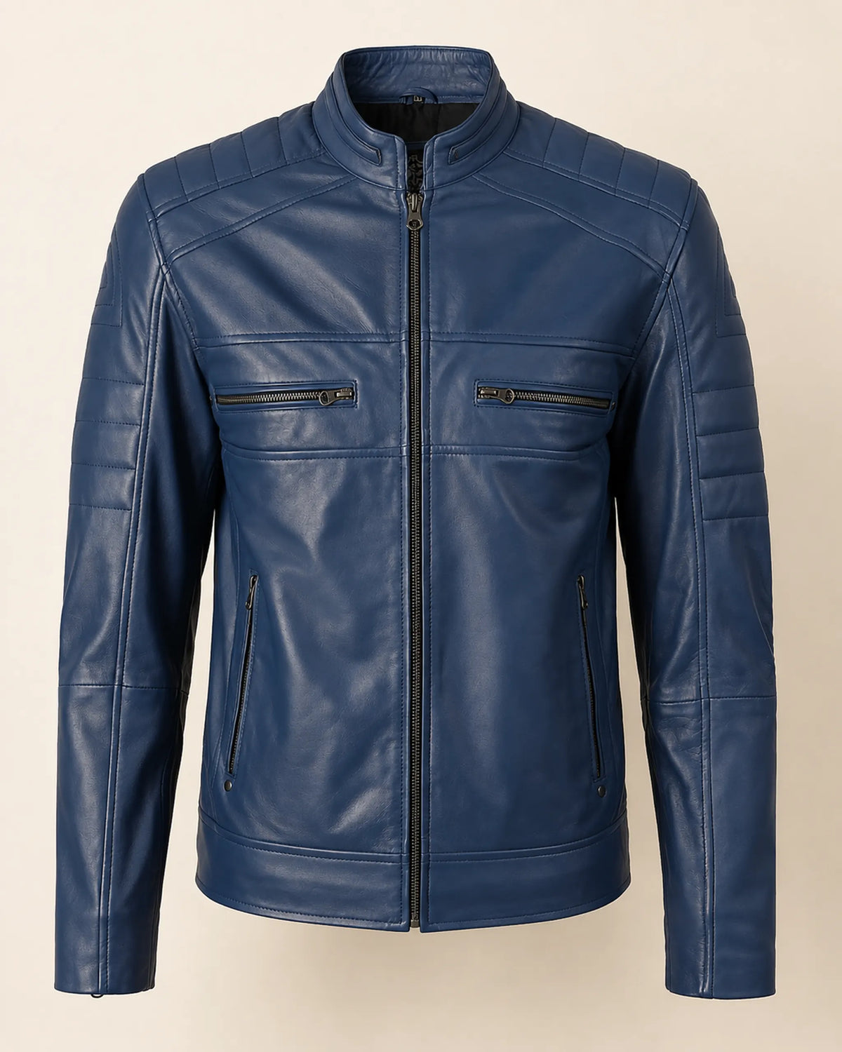 Classic Men's Blue Café Racer Leather Biker Jacket with Zip Cuffs