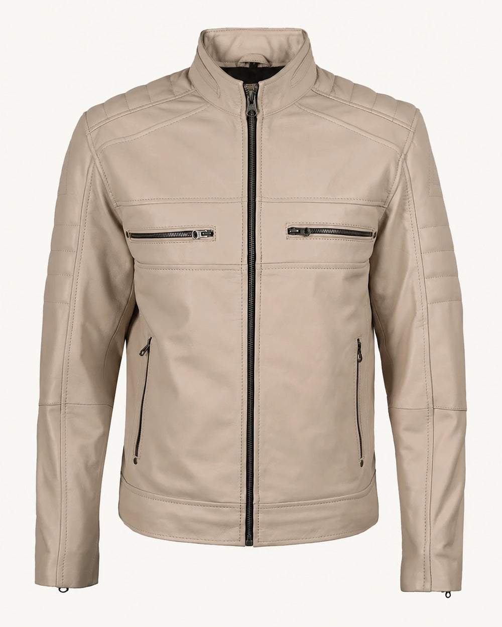 Luxury Men’s Beige Leather Biker Jacket with Mandarin Collar