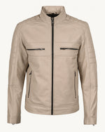 Luxury Men’s Beige Leather Biker Jacket with Mandarin Collar