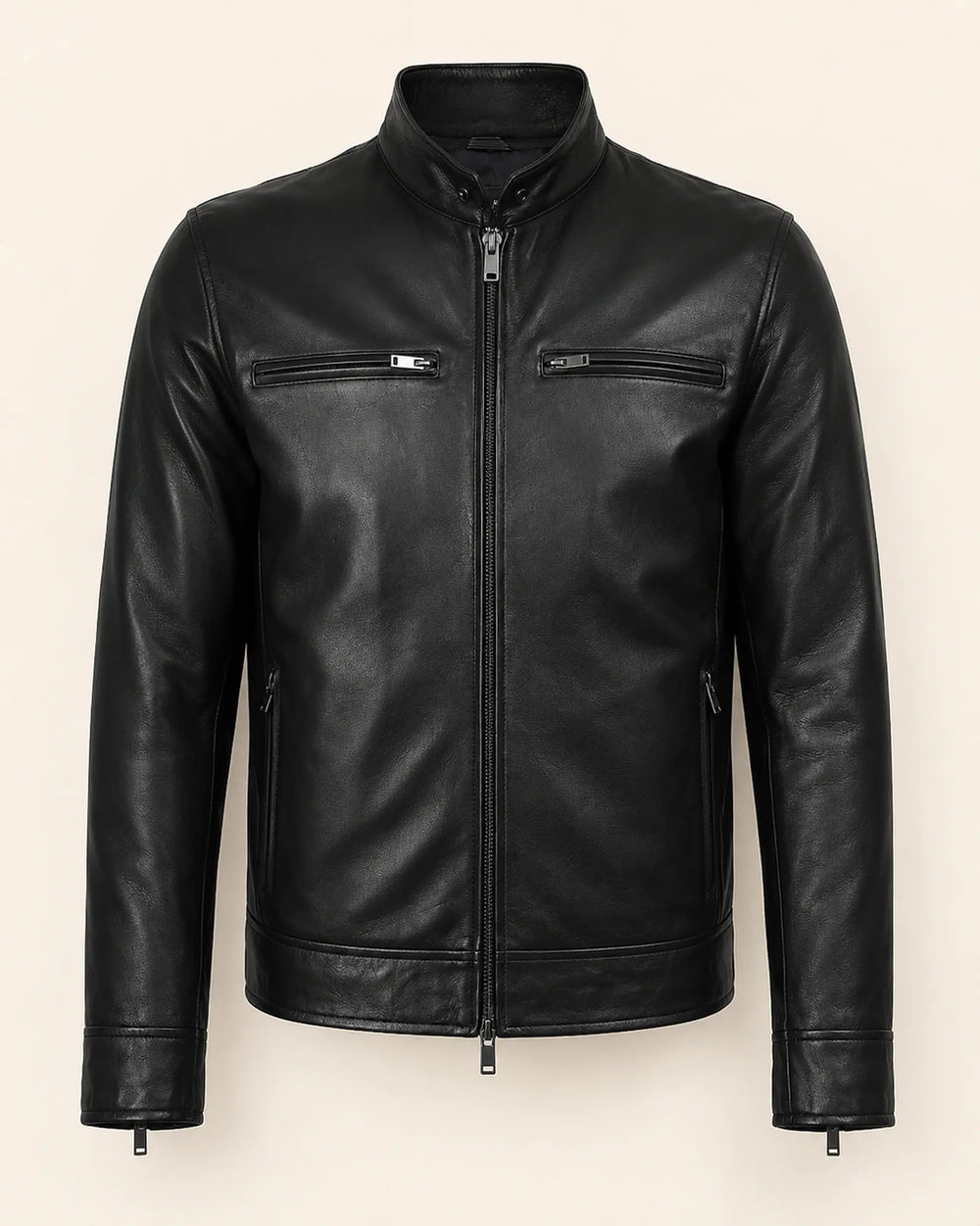 Modern Men's Black Biker Style Leather Jacket with Mandarin Collar