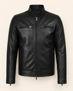 Modern Men's Black Biker Style Leather Jacket with Mandarin Collar
