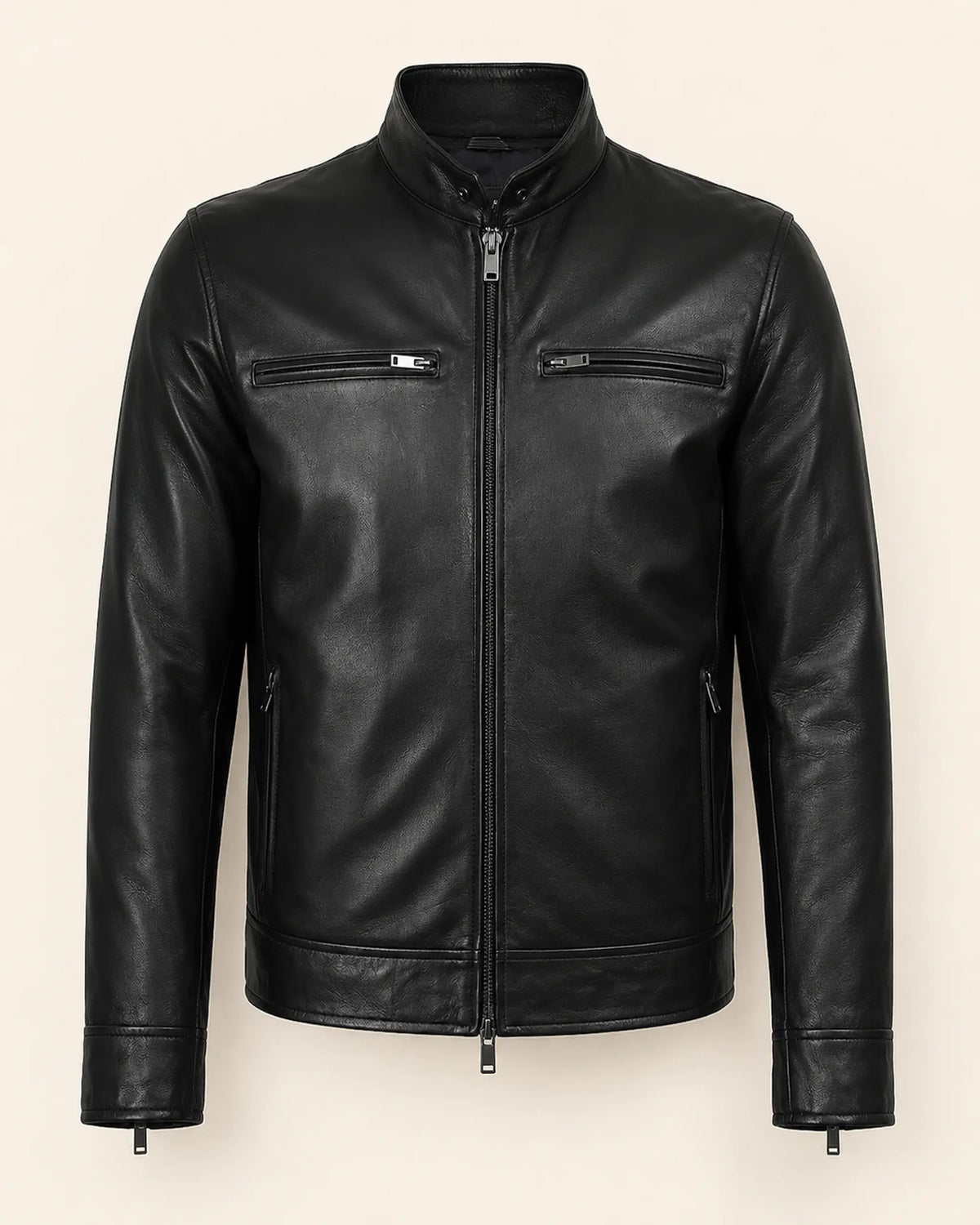 Modern Men's Black Biker Style Leather Jacket with Mandarin Collar