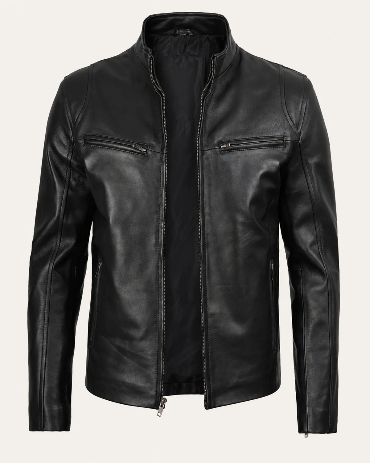 Signature Men’s Black Real Leather Biker Jacket with Zip Cuffs