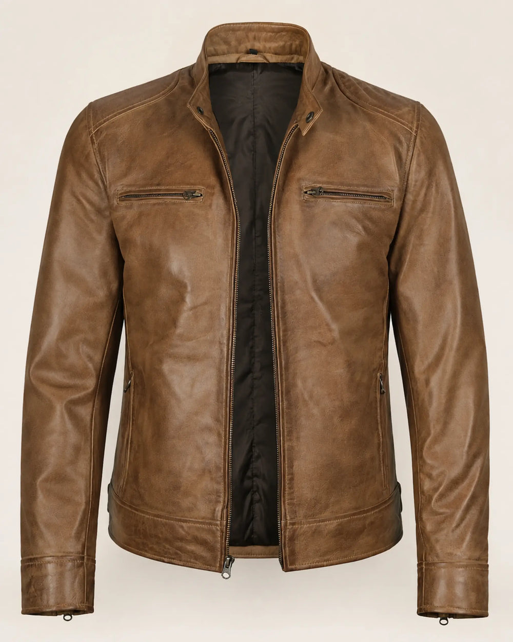 Elite Men's Camel Brown Biker Style Leather Jacket with Upright Collar