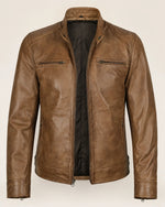 Elite Men's Camel Brown Biker Style Leather Jacket with Upright Collar