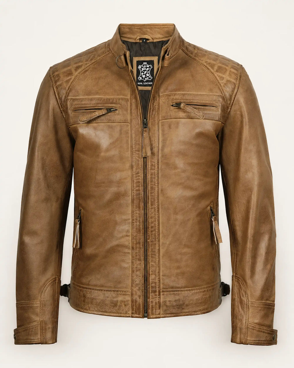 Elite Men’s Camel Brown Real Leather Biker Jacket with Quilted Shoulders