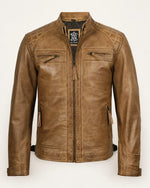 Elite Men’s Camel Brown Real Leather Biker Jacket with Quilted Shoulders