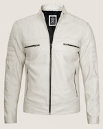 Luxury Men’s Off White Biker Leather Jacket with Mandarin Collar